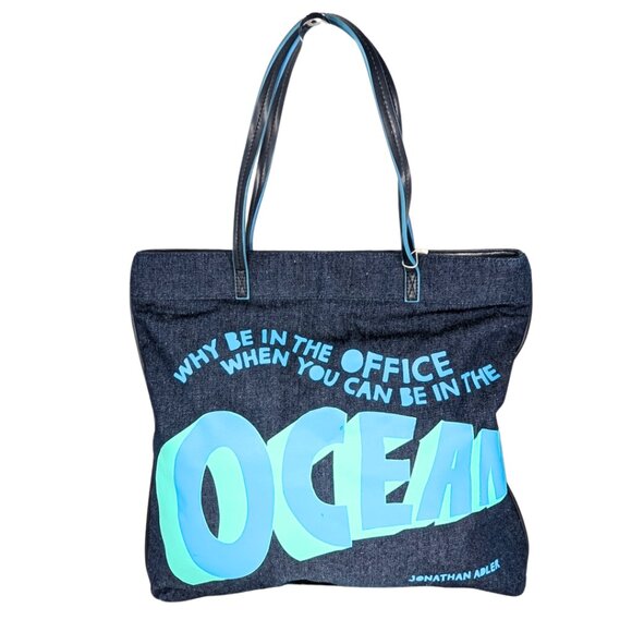 Jonathan Adler NWT Denim Caribbean Why Be In The Office Ocean Printed Tote Bag - Picture 1 of 10